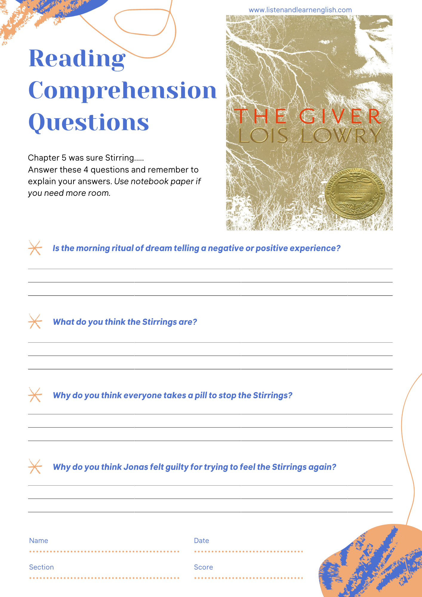 Reading For Fluency and Comprehension The Giver Chapter 6 Video and Questions Worksheet