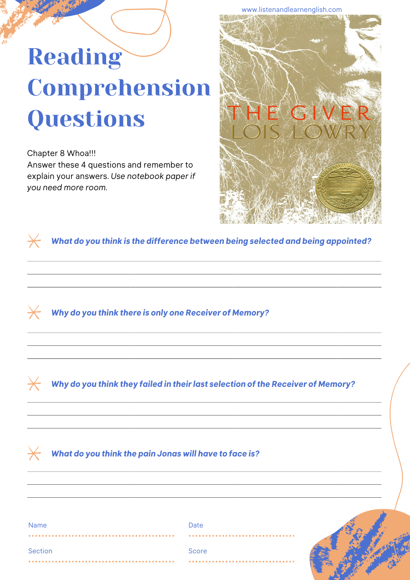 The Giver Chapter 8 Reading Comprehension Video and Questions Worksheet