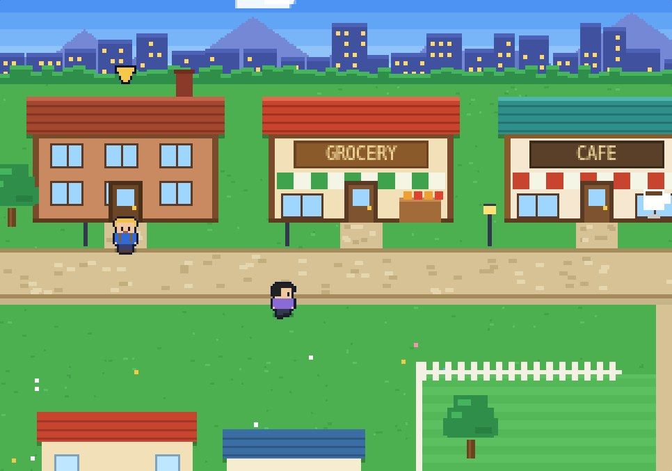 Pixel-art map of Maple Street, the town in the English conversation game