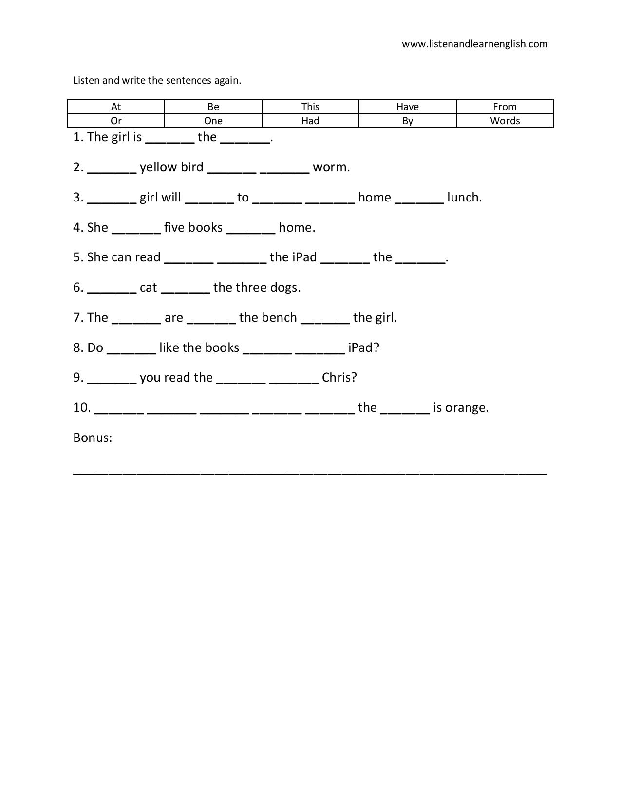 Vocabulary Writing Worksheet 3 – Listen and Learn English