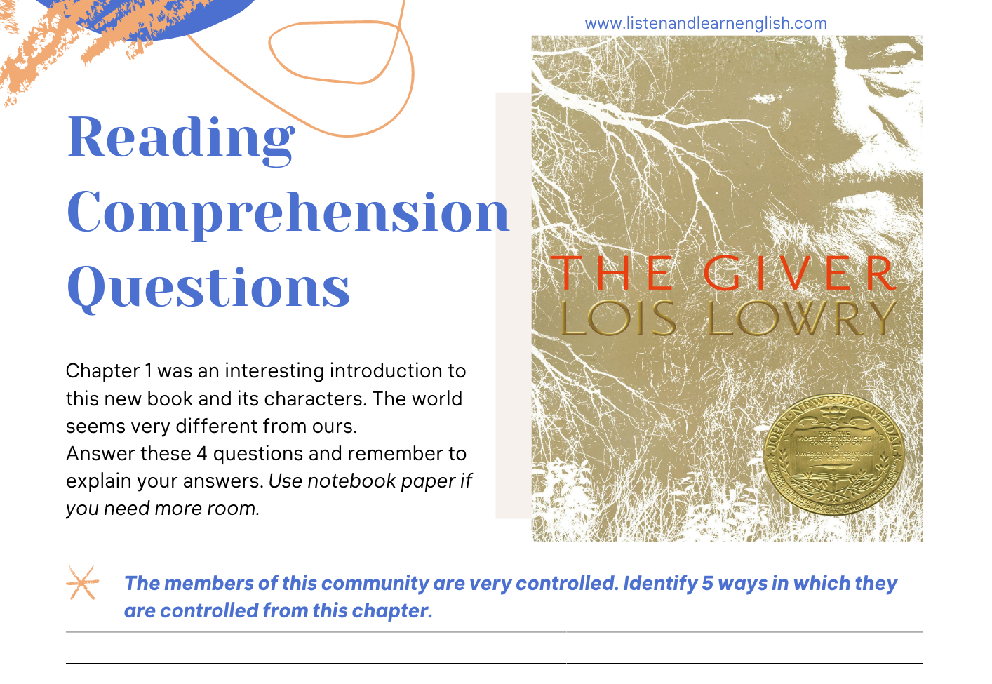 Reading For Fluency and Comprehension The Giver Chapter 1 Video and Questions Worksheet