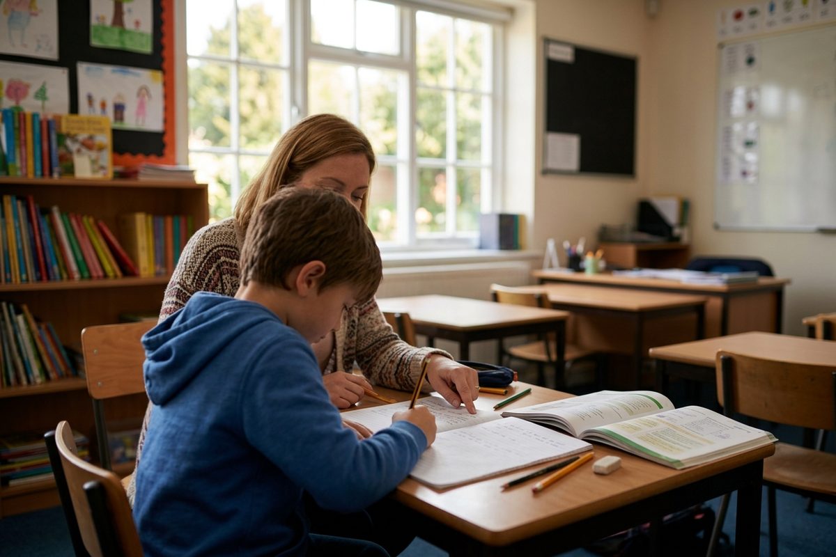 A teacher sits beside a student at a classroom desk and points at his notebook while he writes.