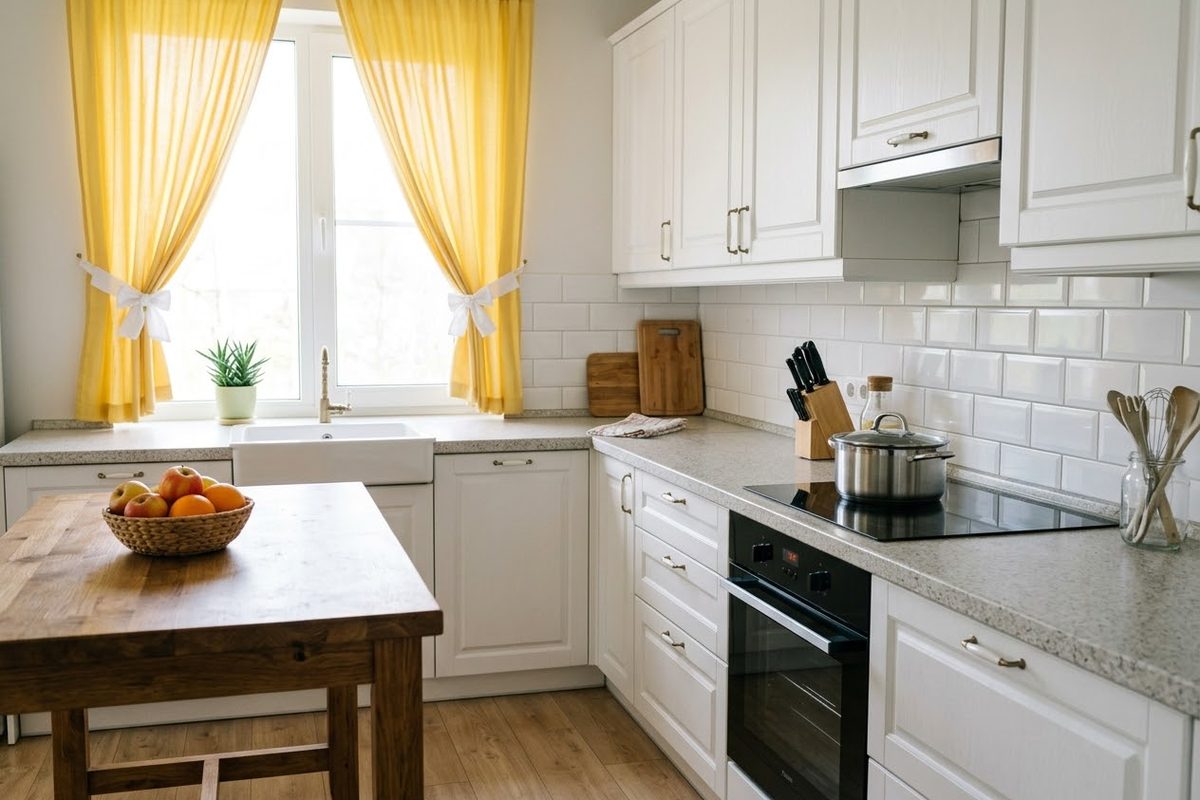 A bright kitchen with white cabinets, yellow curtains on the window, a wooden table with a basket of fruit, and a pot on the stove.