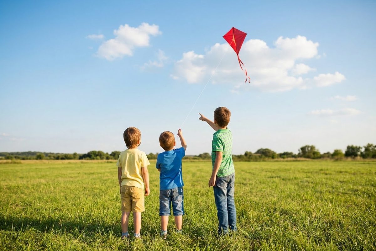 Three children stand in a big green field and fly a red kite in a blue sky. One child points up at the kite.