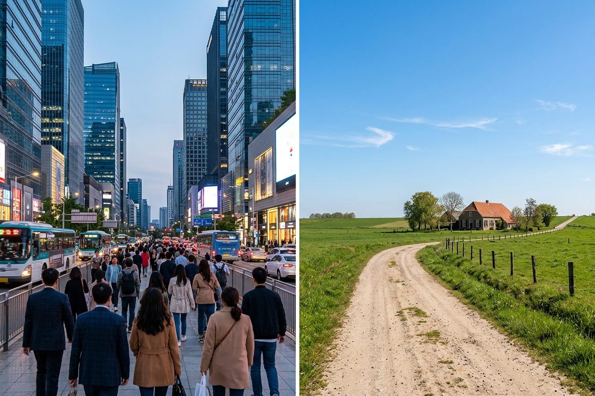 A split photo: a crowded city street with tall buildings on the left and a quiet country road beside a farm on the right.