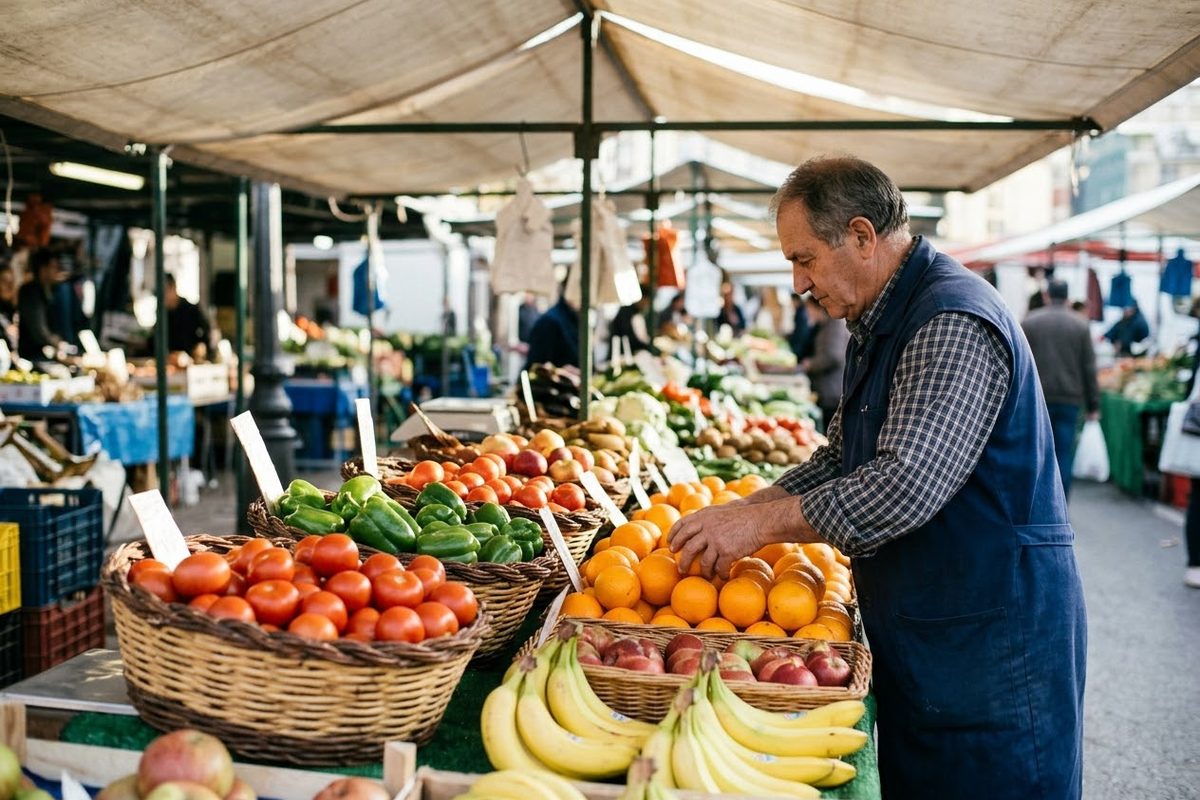 An older man in a blue apron arranges oranges at an outdoor market stall with baskets of tomatoes, green peppers, and bananas.