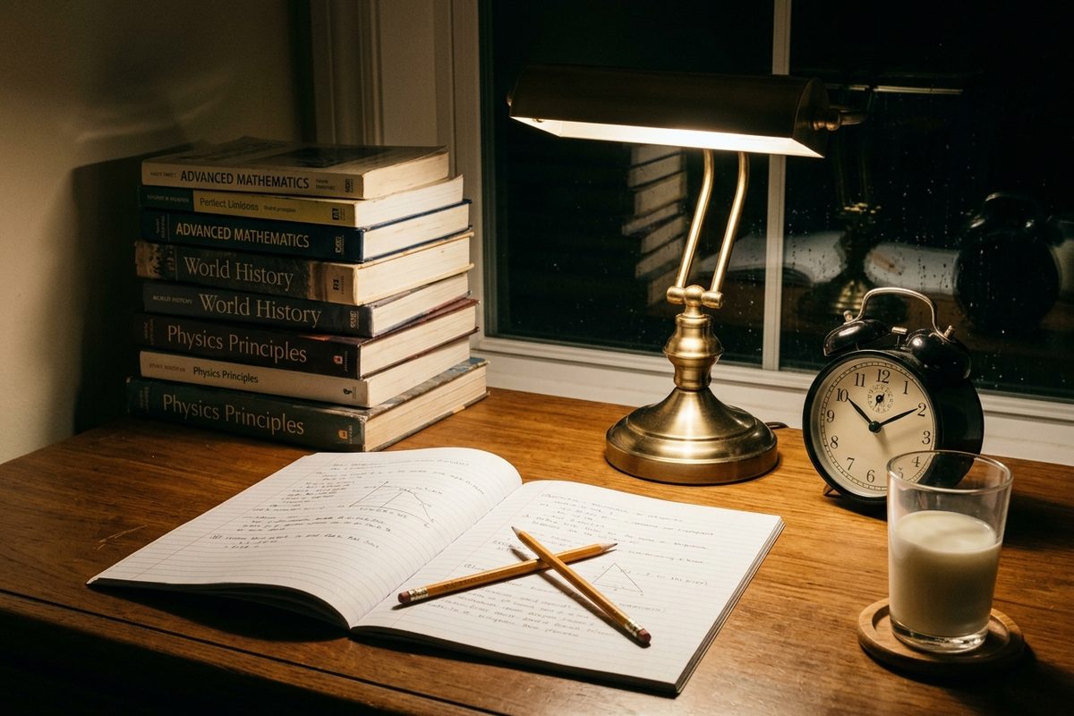 A desk with a lamp, a pile of books, an open notebook with pencils, a clock, and a glass of milk.