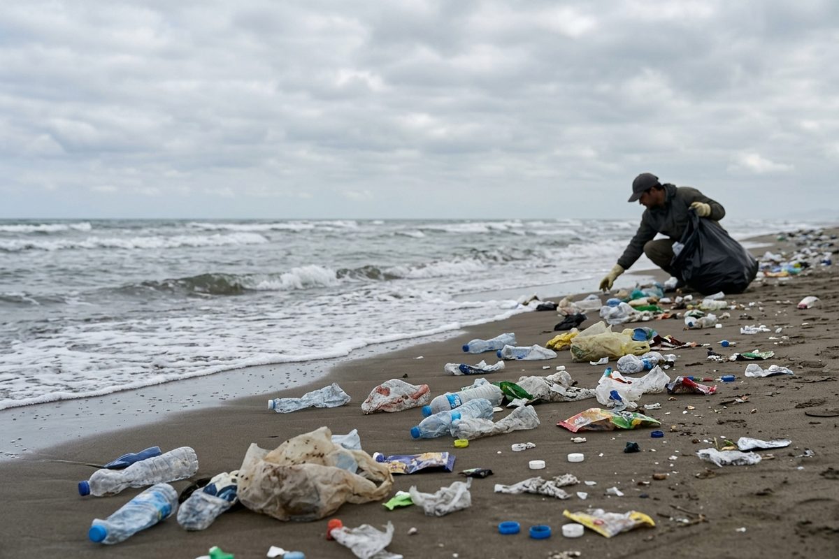 A person picks up plastic bottles and trash on a cloudy beach.