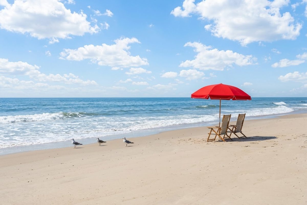 A sandy beach with blue waves, a red umbrella and two wooden chairs on the right, and three seagulls standing on the sand.