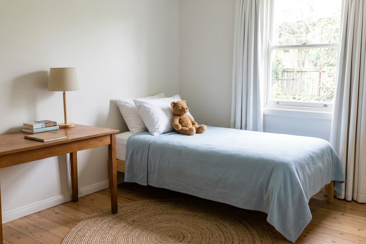A tidy bedroom with a bed with a light blue blanket and a teddy bear, a wooden desk with a lamp and books, a round rug, and a window with white curtains.