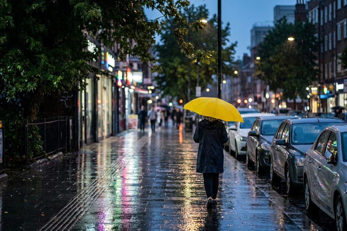 A person in a dark coat walks along a wet city street with a bright yellow umbrella. Shops and parked cars have glowing lights.