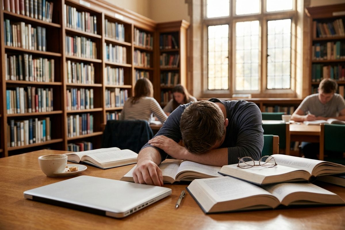 A tired student sleeps with his head on open books at a library table.